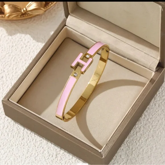 Enamel Letter H Bangle Bracelet - Picture 6 of 10